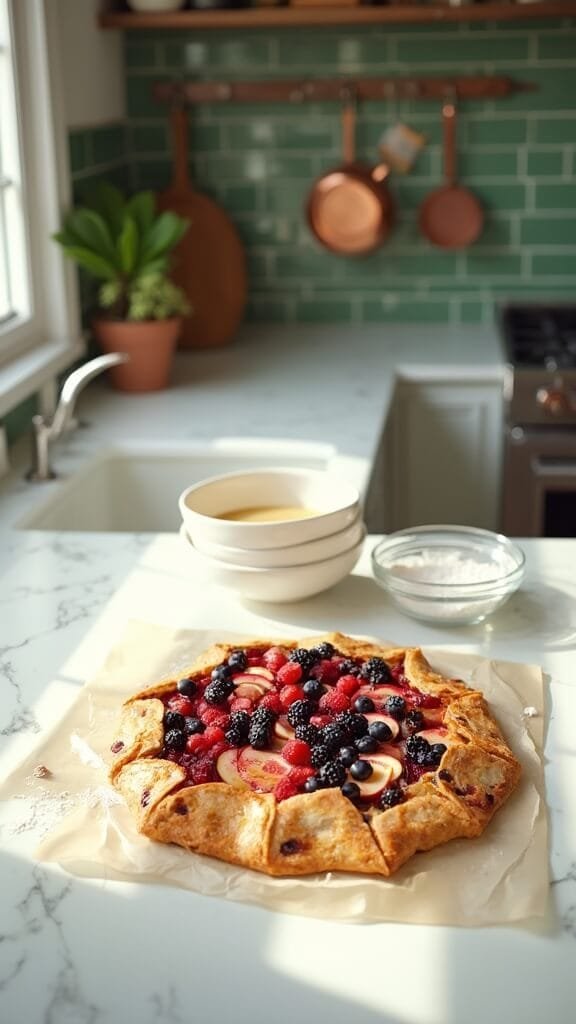 Rustic Fruit Galette 5 Professional food photography in a modern kitchen, featuring galette dough with mixed berries and sliced stone fruits on marble countertop, under natural daylight.