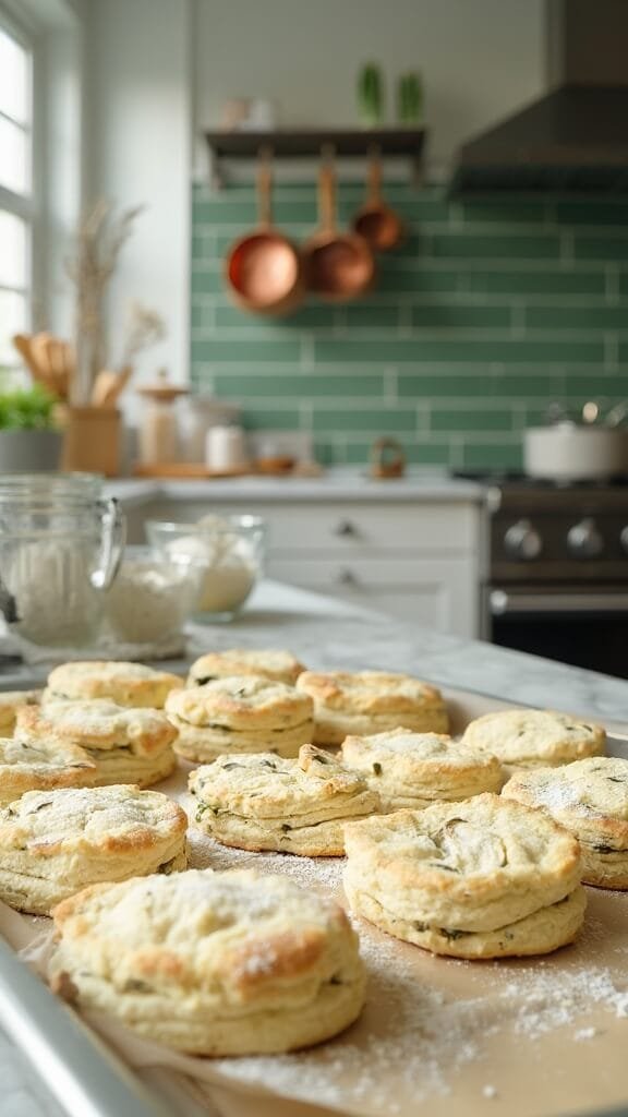 Flaky Herb Biscuits 6 Raw biscuits with visible layers and herbs on parchment-lined sheet in a modern kitchen with green subway tile backsplash and warm, earthy tones