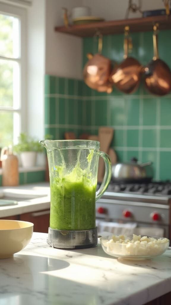 Matcha Green Tea Protein Smoothie 6 Blender in motion in a modern kitchen with green subway tile backsplash, copper pots, wooden utensils, and cream prep bowls, under natural daylight