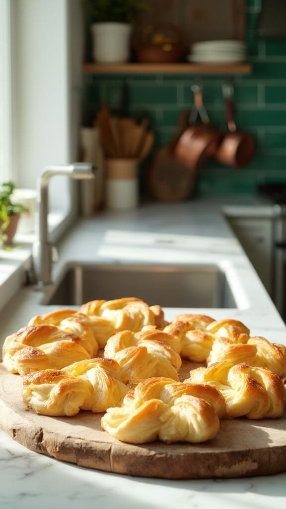 Cheesy Puff Pastry Twists 7 Perfectly puffed cheese twists cooling on a baking sheet in a modern kitchen with white marble countertops, wooden utensils, and sunlight streaming through a window.