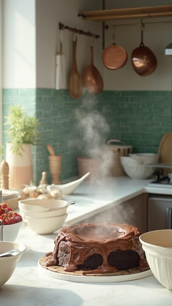 Ultra-Moist Chocolate Cake With Perfect Chocolate Buttercream 4 Chocolate cake batter being mixed in modern kitchen with green subway tile backsplash, warm earthy color grading, and steam rising from hot coffee.