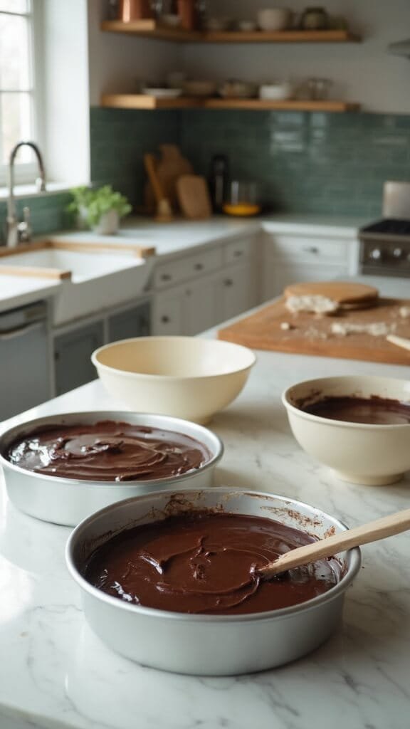 Ultra-Moist Chocolate Cake With Perfect Chocolate Buttercream 5 Dark chocolate batter in two round cake pans in a modern kitchen with green subway tile backsplash and warm color grading