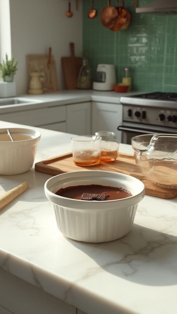 Protein Lava Cake (Sugar-Free Chocolate + Protein Batter) 5 Chocolate batter in greased ramekin with dark chocolate squares in a modern kitchen with green subway tile backsplash