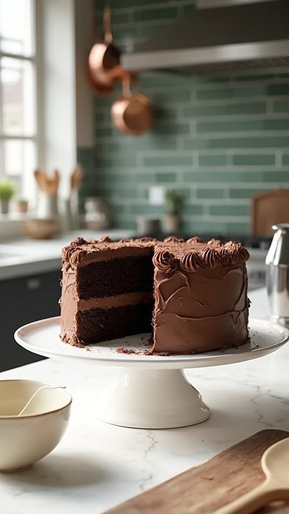 Ultra-Moist Chocolate Cake With Perfect Chocolate Buttercream 7 Two-layer chocolate cake on a white ceramic stand in a modern kitchen with green subway tiles and natural daylight