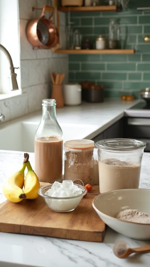 Ingredients for chocolate peanut butter smoothie arranged on a modern kitchen counter with white marble countertops and soft natural daylight.