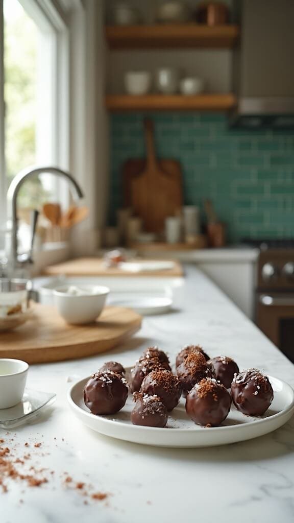 Protein Chocolate Truffles 7 Chocolate-coated protein truffles on a white ceramic plate in a modern kitchen, dusted with cocoa powder and topped with flaky sea salt.