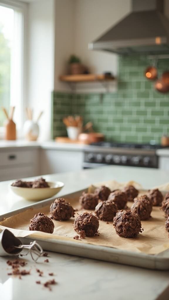 Protein Chocolate Truffles 5 Chocolate protein truffle balls on parchment-lined baking sheet in a modern kitchen with green subway tile backsplash, wooden utensils, and cream-colored ceramic bowls, under natural daylight.