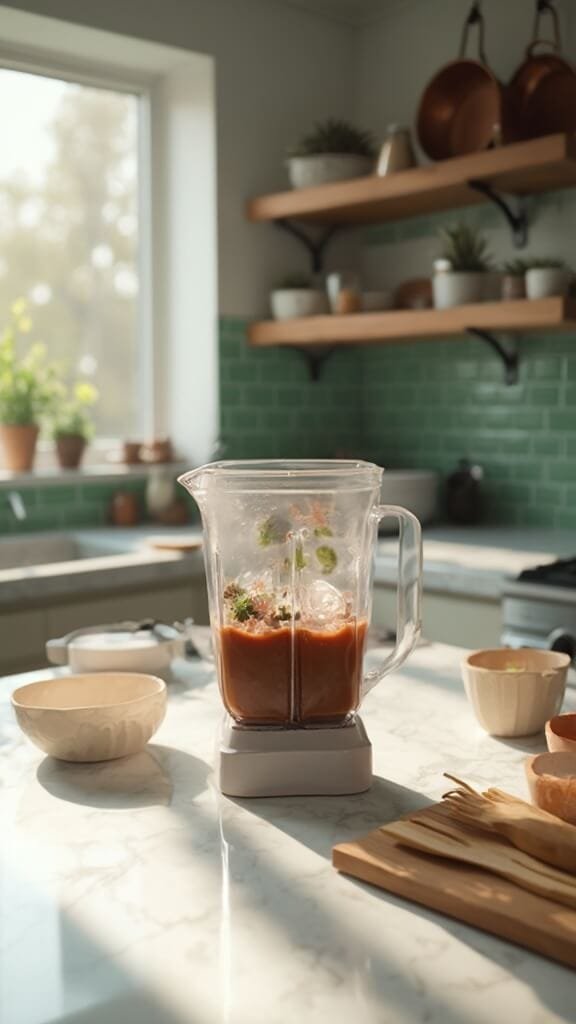 Professional food photography of modern kitchen with blender in action, featuring green subway tiles, marble countertops, and warm, earthy color grading.