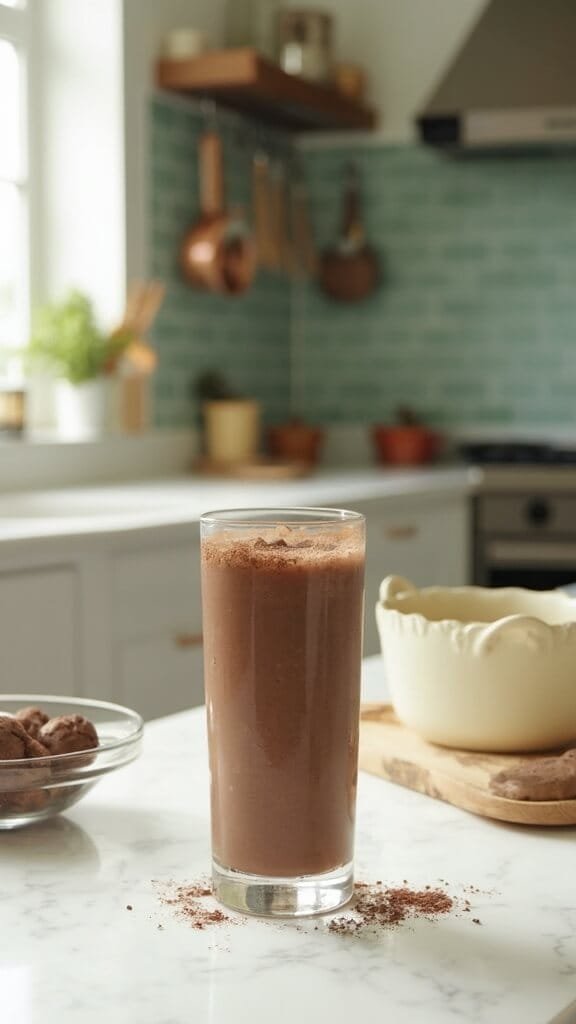 Modern kitchen with marble countertops, wooden utensils and a chocolate smoothie in a tall glass on the counter
