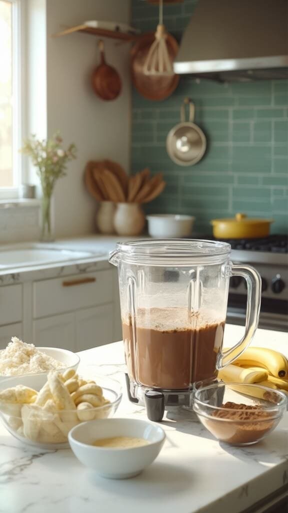 Professional food photography in a modern kitchen featuring preparation of a chocolate almond smoothie with frozen bananas, peanut butter and protein powder