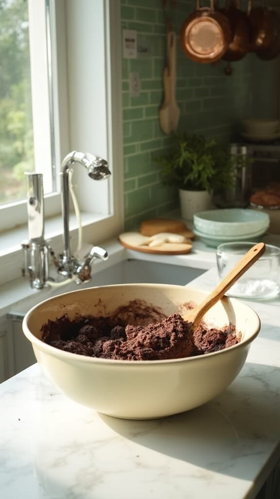 Protein Chocolate Truffles 4 Rich chocolate truffle mixture being stirred in a cream-colored ceramic bowl in a modern kitchen with green subway tile backsplash and natural sunlight