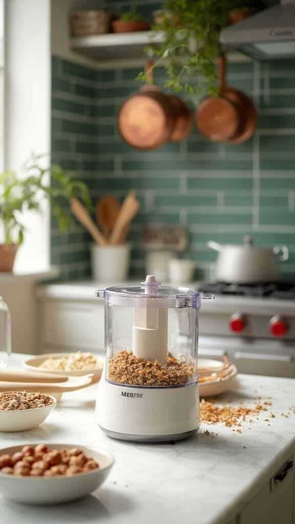 Protein Baklava Cups 4 Modern kitchen with clear prep bowls and food processor containing chopped mixed nuts under natural light, shot from a 45-degree angle