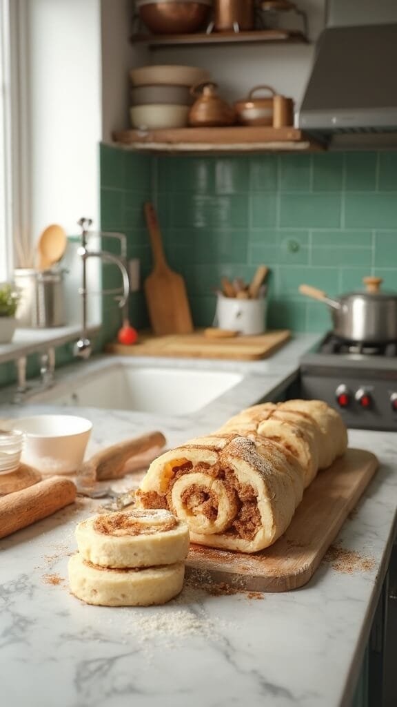 Perfect Homemade Cinnamon Rolls (Beginner-Friendly) 5 Professional food photography of cinnamon rolls preparation in a modern kitchen with natural daylight, using canon 5d mark iv