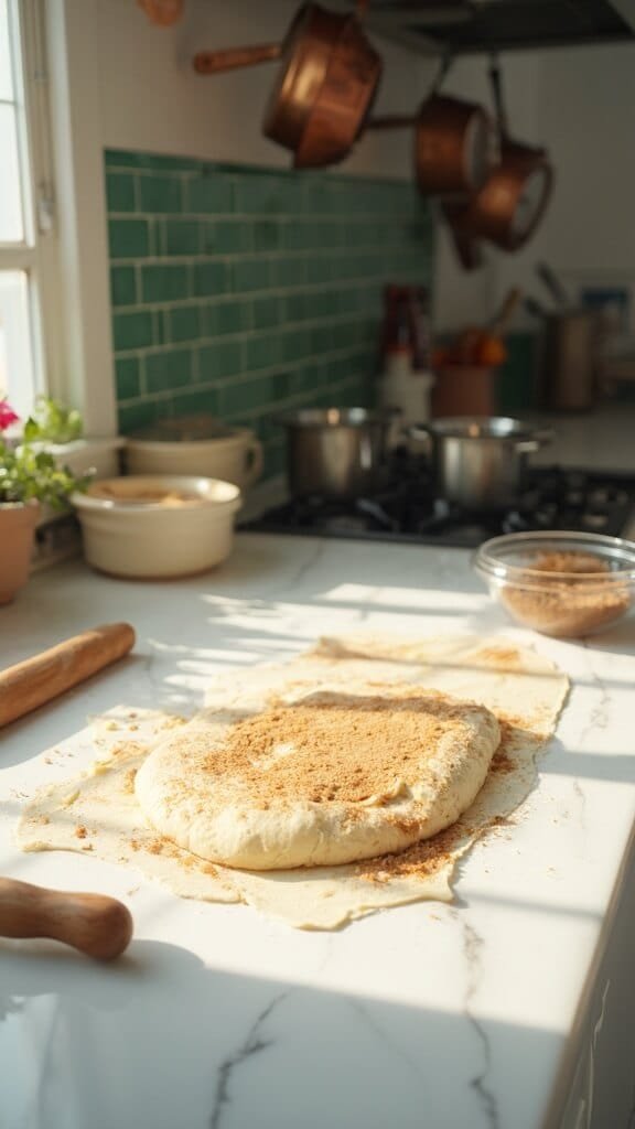 Perfect Homemade Cinnamon Rolls (Beginner-Friendly) 4 Professional food photography of dough being prepared on a marble countertop in a modern kitchen, with natural daylight streaming in and modern cookware around.