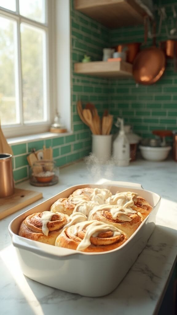 Perfect Homemade Cinnamon Rolls (Beginner-Friendly) 7 Freshly baked cinnamon rolls in a ceramic dish on a modern kitchen counter, with cream cheese frosting being poured on top