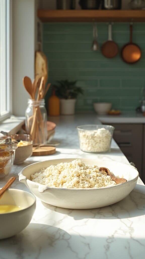 Dense &Amp; Ultra Low-Carb Coconut Flour Pie Crust 4 Whisked eggs and melted butter being mixed into sifted coconut flour on a white marble countertop in a modern kitchen with natural daylight