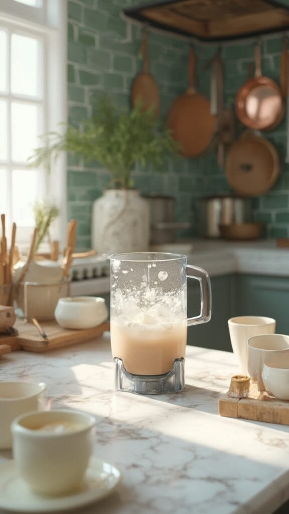 Professional food photography in a modern kitchen, featuring a blender in action creating a creamy shake with ice cubes