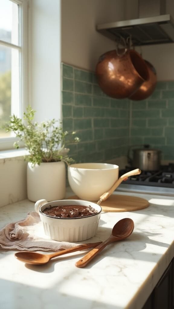 Protein Lava Cake (Sugar-Free Chocolate + Protein Batter) 6 Dark chocolate batter in a ramekin ready for cooking in a modern kitchen with green subway tiles and stainless steel appliances