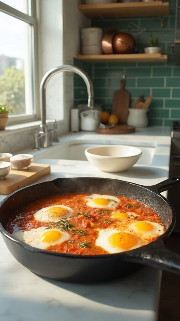 Modern kitchen with white marble countertops, stainless steel appliances, and green subway tiles, featuring a simmering sauce in a cast iron skillet ready for eggs.
