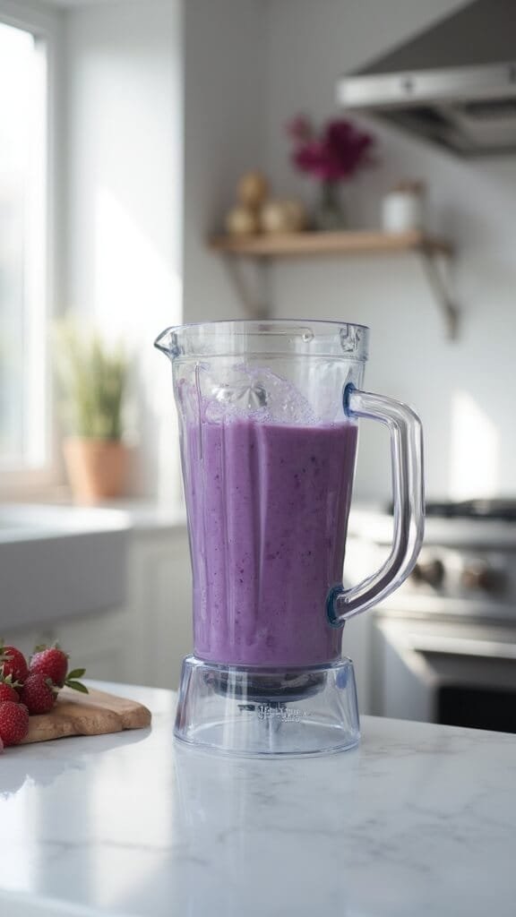 Blueberry Almond Protein Smoothie 6 Blender in a modern kitchen blending a purple-blue smoothie under natural daylight