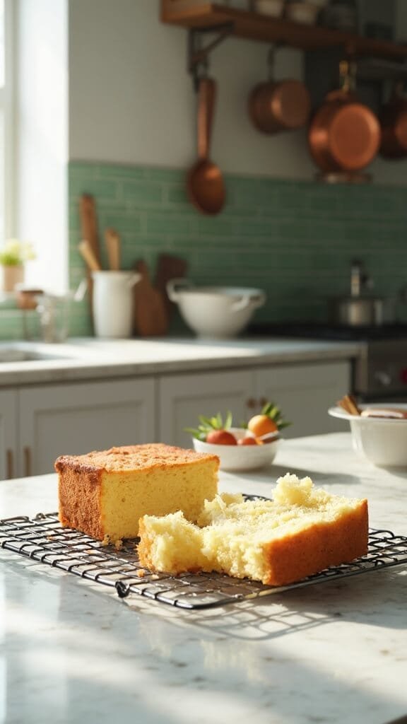 Final cake cooling on wire rack in modern kitchen with green subway tile backsplash, wooden utensils, and ceramic prep bowls, lit by natural daylight through window