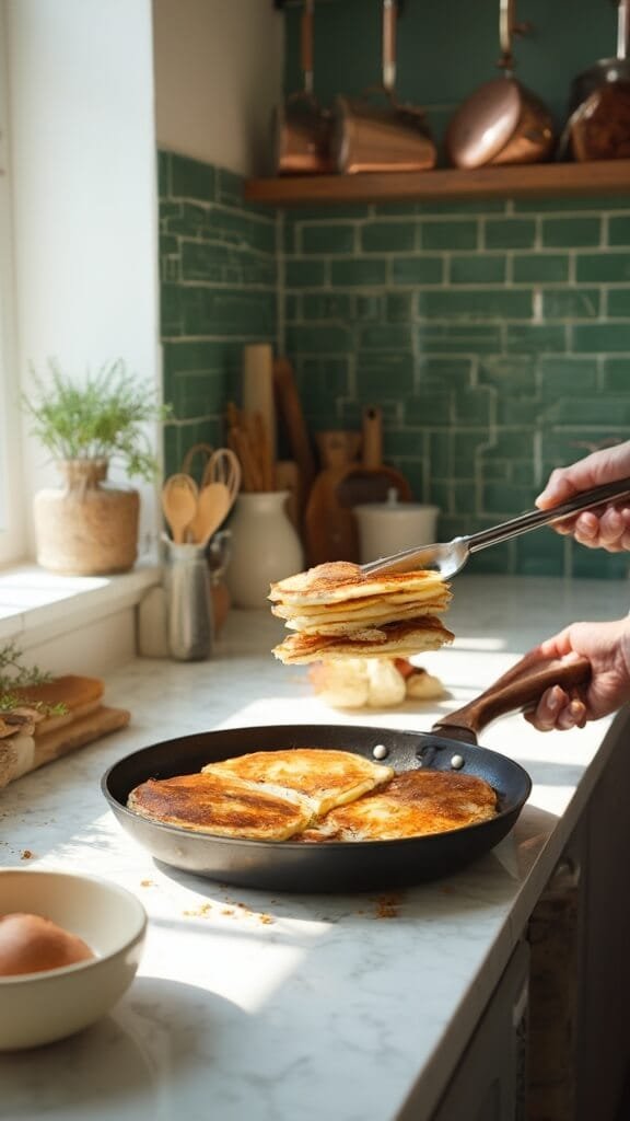 Fluffy Keto Pancakes 6 Modern kitchen scene with golden-brown pancakes being flipped in a skillet, sunlight streaming from the window, and warm, earthy color grading