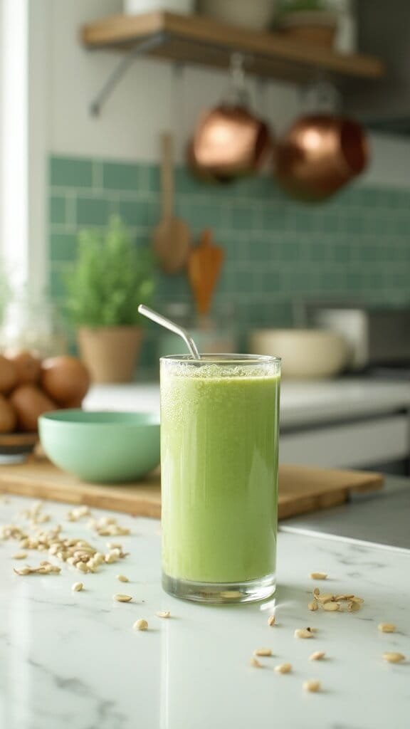 Matcha Green Tea Protein Smoothie 7 Smoothie with creamy consistency in tall clear glass on a modern kitchen countertop, garnished with hemp hearts, under natural daylight.
