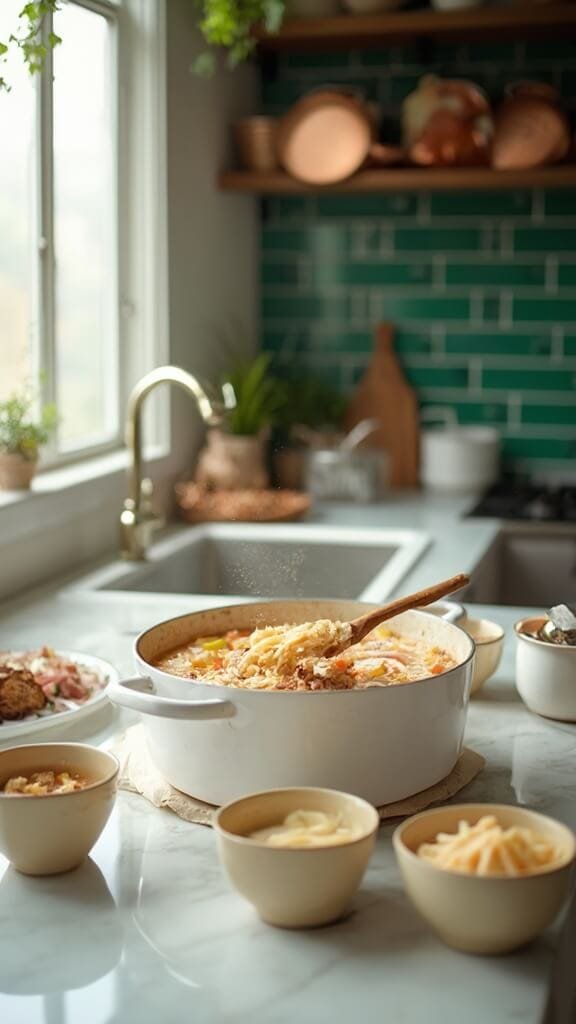 Split Pea Soup (Classic Ham &Amp; Pea Or Vegetarian Options) 6 Shredded ham being stirred into thick soup in a modern kitchen with white marble counters, green subway tile backsplash, and warm lighting