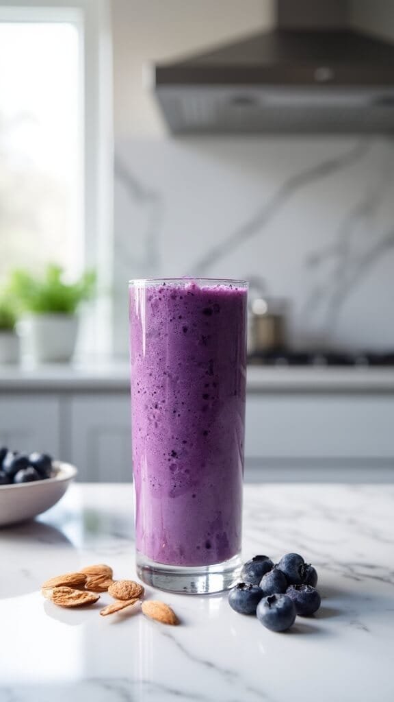 Blueberry Almond Protein Smoothie 7 Fresh blueberry smoothie in a tall glass on a marble counter, surrounded by blueberries and sliced almonds, in a sunlit modern kitchen