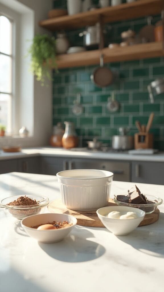 Protein Lava Cake (Sugar-Free Chocolate + Protein Batter) 3 Modern kitchen with white marble countertops, stainless steel appliances, and green subway tile backsplash showcasing neatly arranged ingredients including chocolate protein powder and almond flour, with a white 6oz ramekin in the center