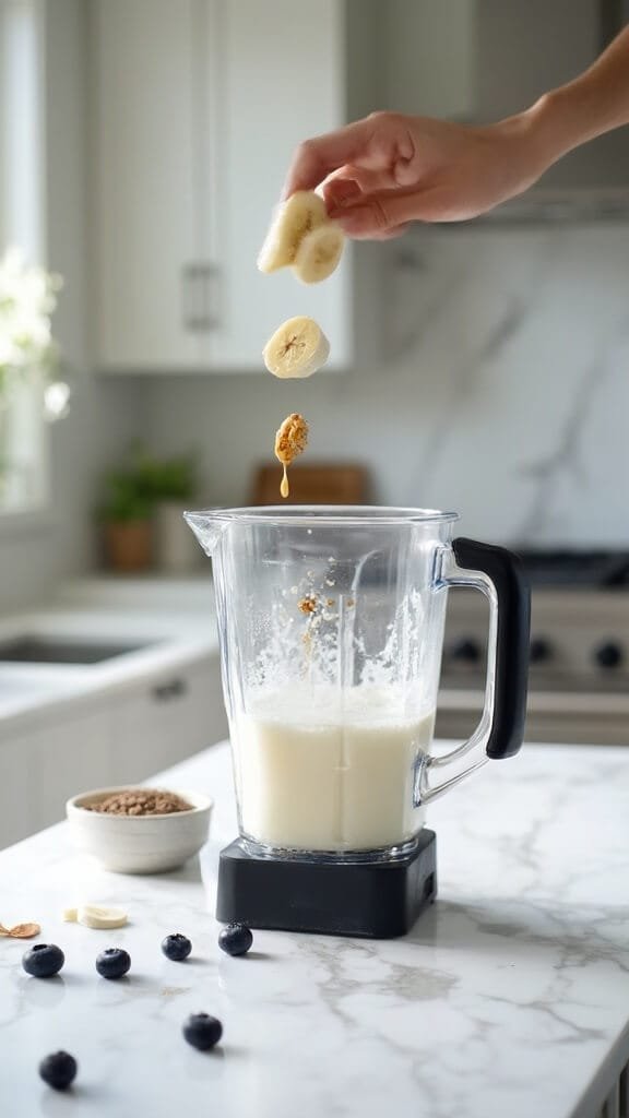Blueberry Almond Protein Smoothie 5 Action shot of adding fresh blueberries, sliced bananas, and almond butter into a blender with a milk-protein mixture in a modern kitchen with natural daylight