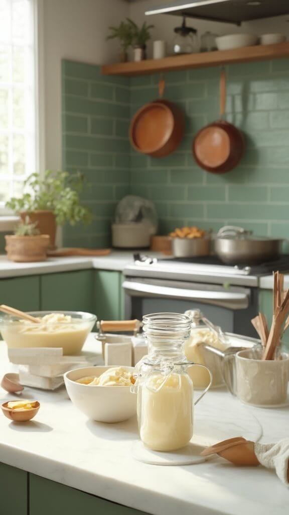 Protein Pudding (Whey/Casein + Almond Milk) 6 Modern kitchen with white marble countertops and stainless steel appliances, showing the process of pouring mixture into mason jars