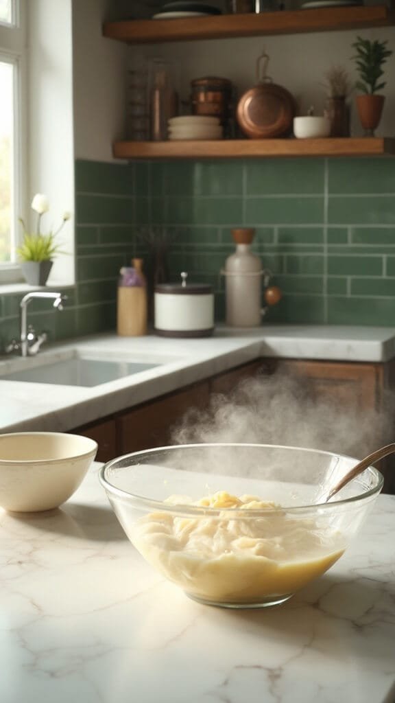 Modern kitchen setup with daylight streaming in, featuring green subway tiles, copper pots, wooden utensils and cream-colored ceramics, with a glass bowl of heated dough mixture on the marble countertop