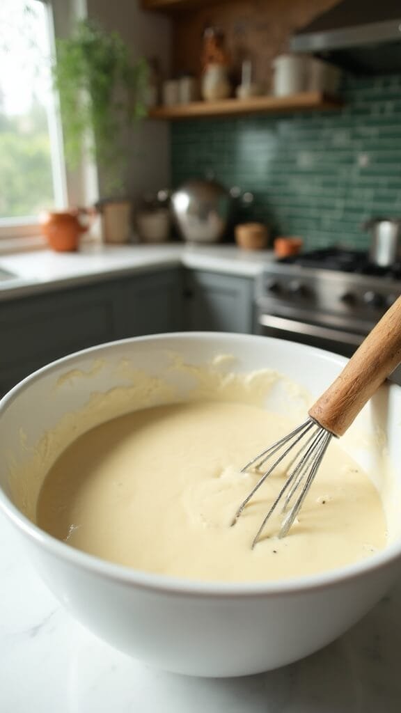 Fluffy Keto Pancakes 4 Freshly mixed keto pancake batter in a cream-colored bowl with a wooden whisk, set in a modern kitchen with green subway tiles and stainless steel appliances, lit by natural daylight.