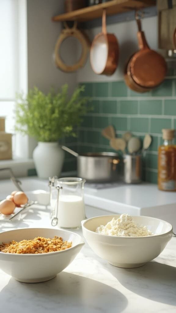 Fluffy Keto Pancakes 3 Modern kitchen with almond flour, coconut flour and other keto pancake ingredients portioned in white ceramic bowls, under natural daylight from a large window.