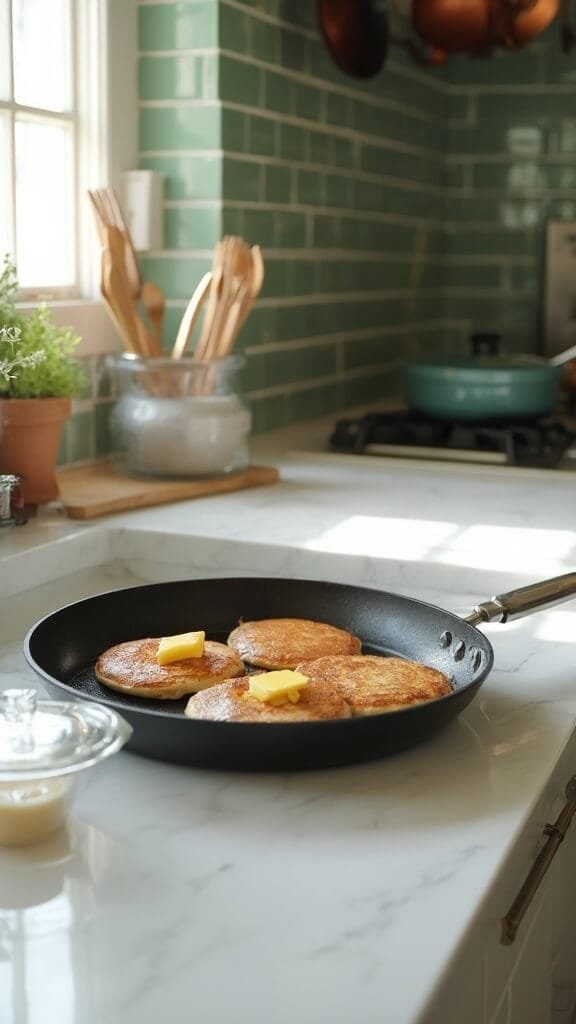 Fluffy Keto Pancakes 5 Keto pancakes cooking in a non-stick skillet in a modern kitchen with wooden utensils, cream-colored ceramic bowls, and green subway tile backsplash, with daylight streaming in from a window.