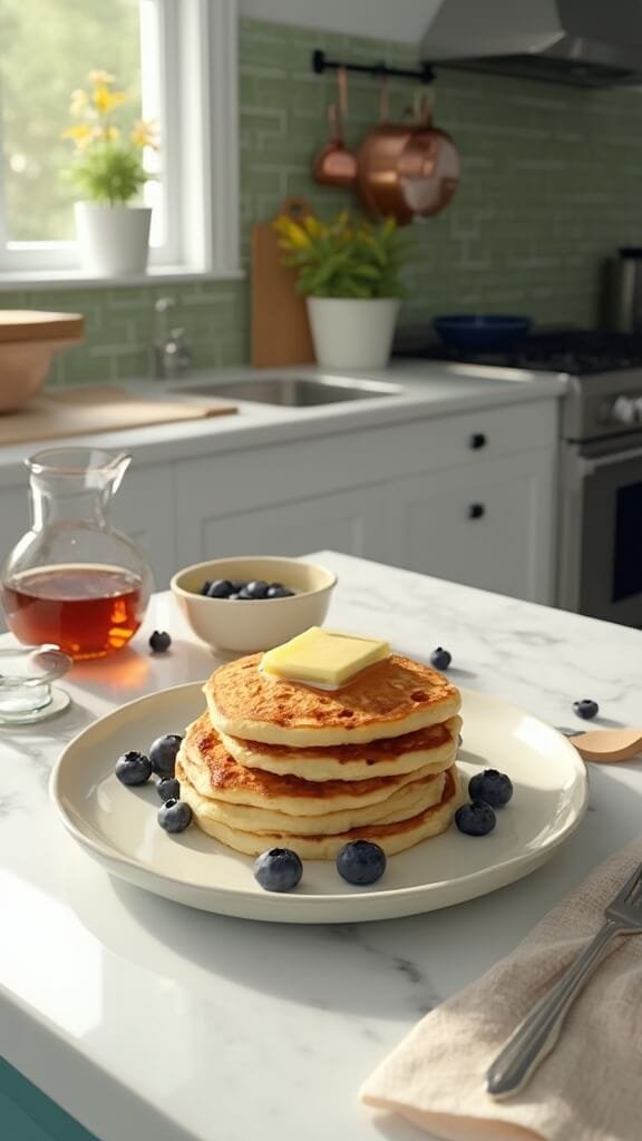 Fluffy Keto Pancakes 7 Stack of fluffy golden-brown keto pancakes with melting butter on top and scattered fresh blueberries, presented on a white ceramic plate in a modern kitchen with green subway tile backsplash and warm, natural daylight.