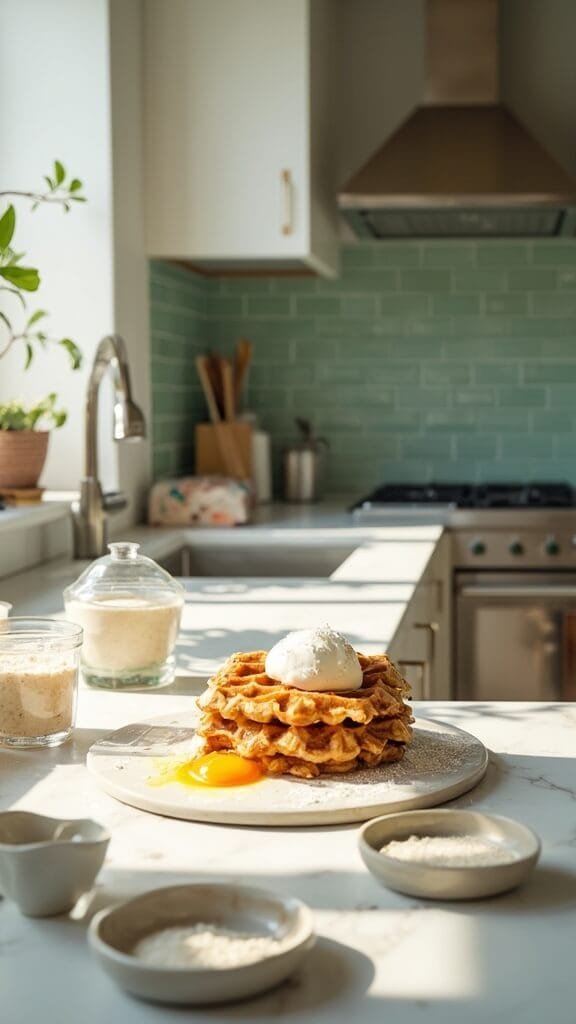 Perfect Keto Waffles 3 Ingredients for keto waffles on a white marble countertop in a modern kitchen with green subway tile backsplash, under natural daylight.
