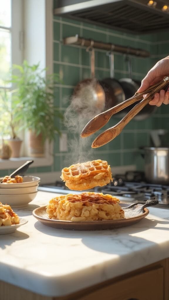 Perfect Keto Waffles 6 Golden brown keto waffle being lifted from waffle iron in a modern kitchen with warm, earthy tones and green subway tile backsplash