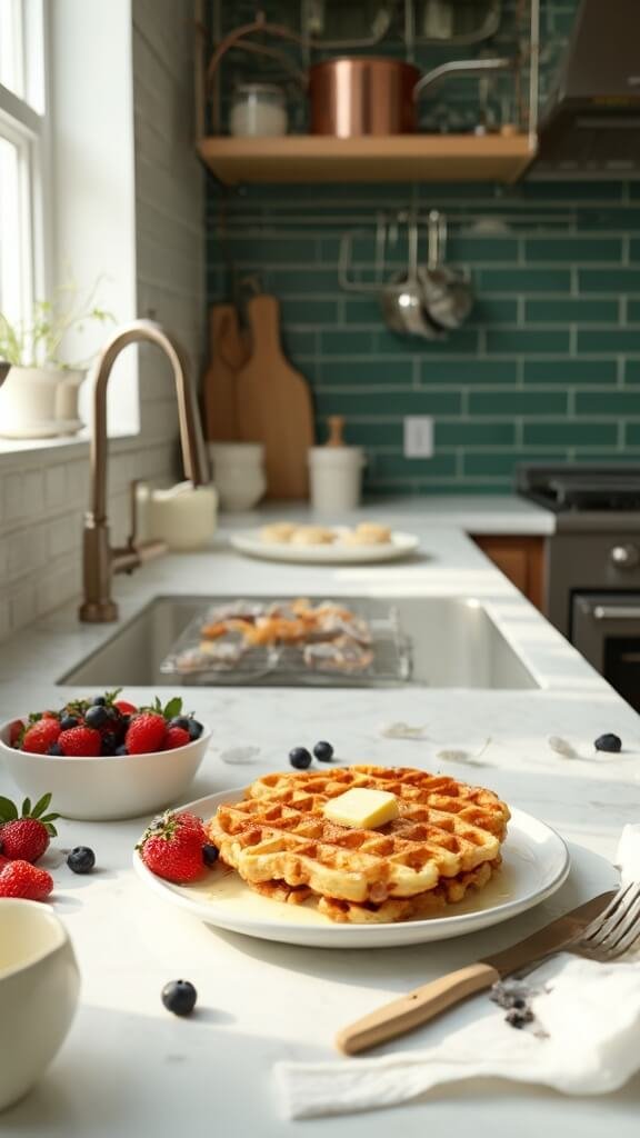 Perfect Keto Waffles 7 Golden-brown keto waffles with melting butter and fresh berries in a modern kitchen with green subway tile backsplash and warm, earthy tones