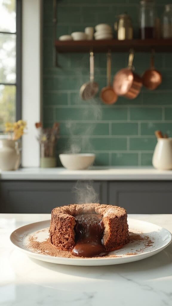 Protein Lava Cake (Sugar-Free Chocolate + Protein Batter) 7 Steaming lava cake with oozing chocolate center on a white plate in a modern kitchen with green subway tile backsplash
