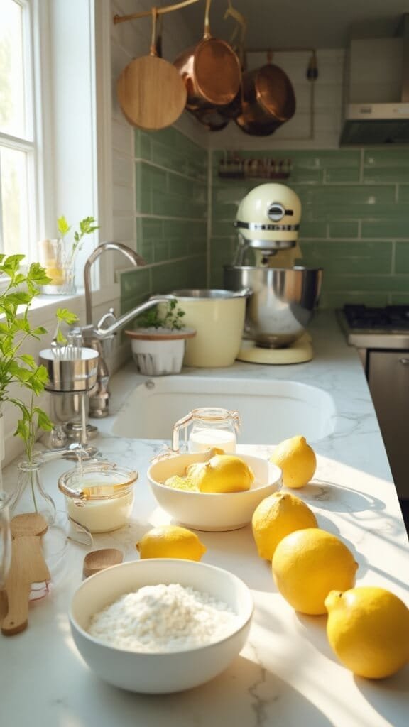 Ingredients for lemon cake on white marble kitchen counter with modern cookware, wooden utensils, kitchenaid stand mixer, and natural light streaming in