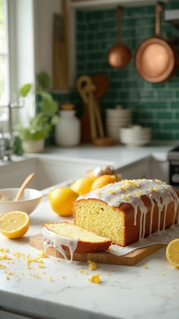 Lemon loaf cake with white glaze on a modern kitchen counter, surrounded by wooden utensils, ceramic bowls and fresh lemon slices under natural lighting