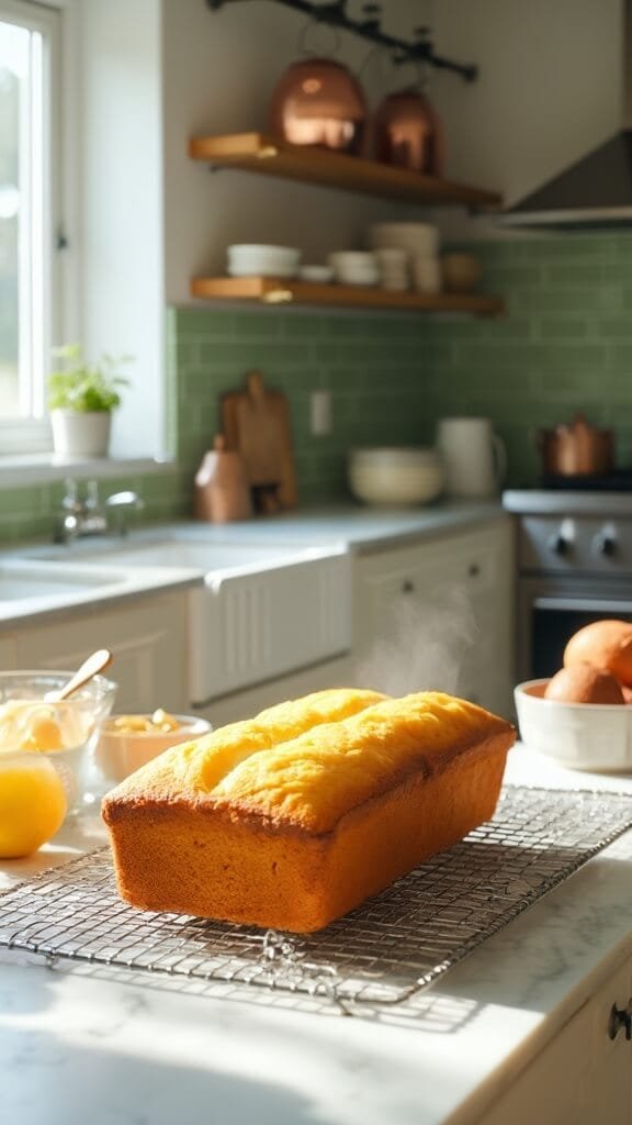Lemon loaf cake cooling on wire rack in modern kitchen with wooden utensils, ceramic prep bowls, and green subway tile backsplash