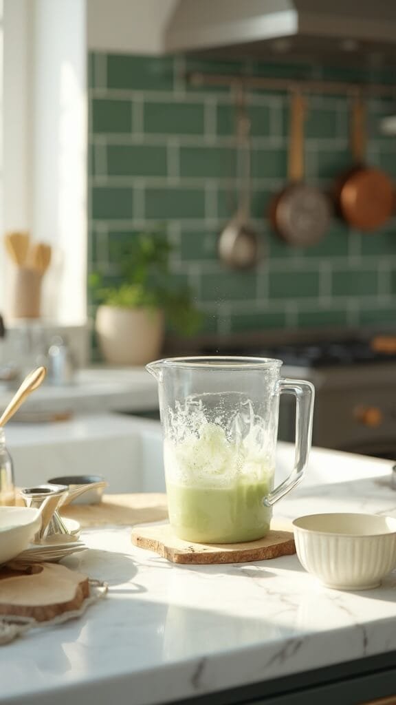 Matcha Green Tea Protein Smoothie 4 Professional food photography of plant milk with matcha and protein powder in a high-end blender in a modern kitchen with green tile backsplash, wooden utensils, and copper pots
