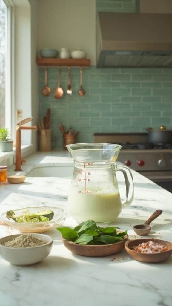Matcha Green Tea Protein Smoothie 3 Modern kitchen setup for matcha smoothie preparation with ingredients like plant milk, protein powder, bananas, and spinach arranged on marble countertop, shot with canon 5d mark iv.