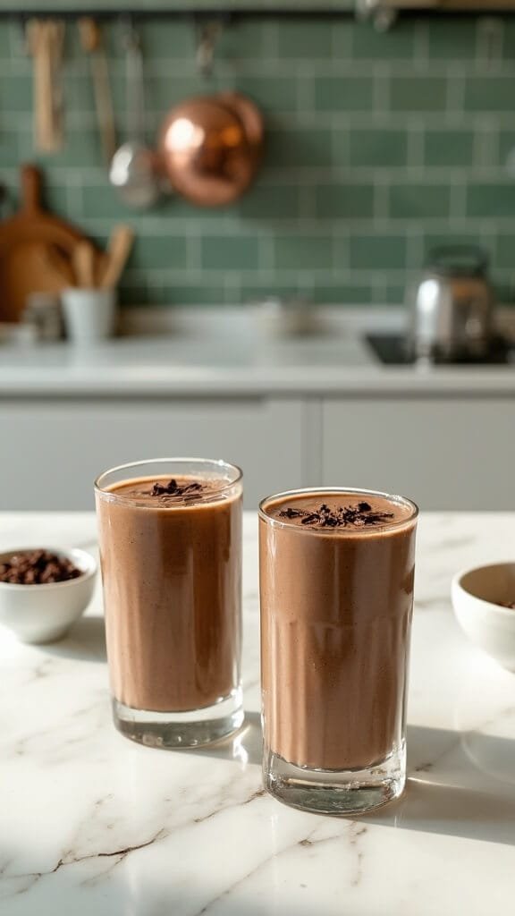 Two tall glasses of creamy mocha smoothie on a modern kitchen countertop, garnished with dark chocolate shavings