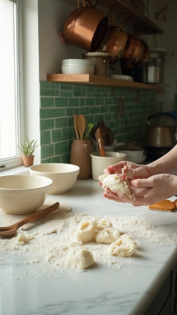Hands shaping mochi dough in a modern kitchen with cream-colored ceramic bowls, wooden utensils, and green subway tile backsplash, lit by natural daylight