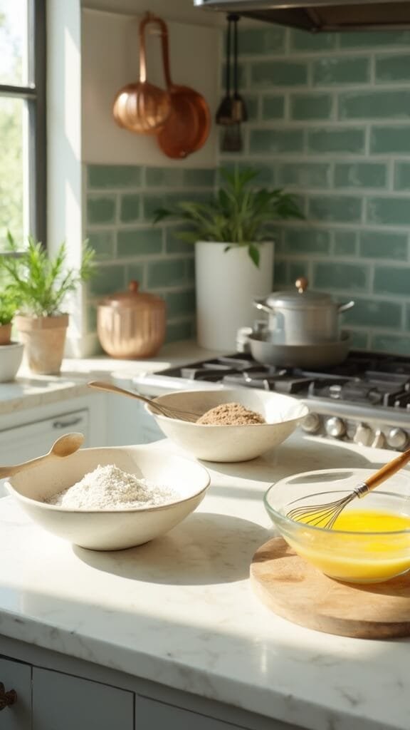 Protein Lava Cake (Sugar-Free Chocolate + Protein Batter) 4 Professional food photography in a modern kitchen with mixing bowls of wet and dry ingredients, wooden utensils, and modern cookware under natural daylight from a large window
