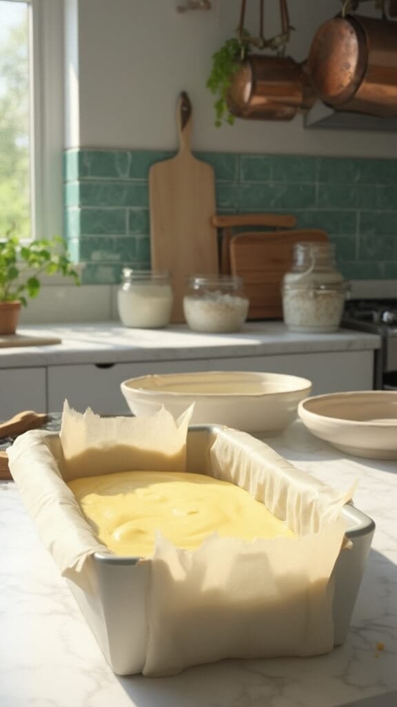 Silky cake batter being poured into a loaf pan in a modern kitchen with warm, earthy tones and green subway tiles.